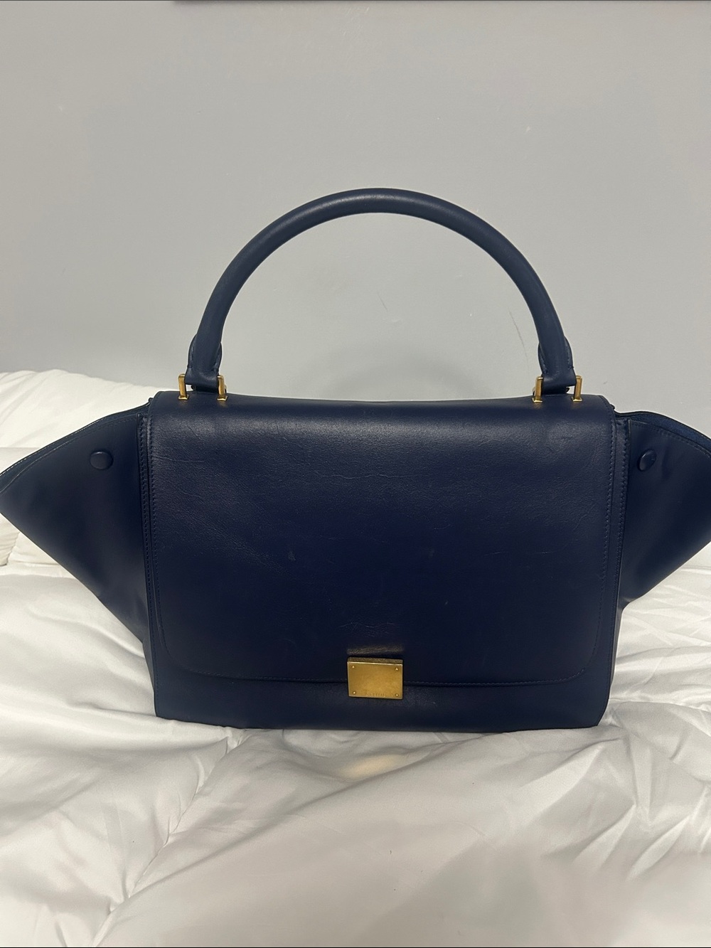 Celine Navy Leather Top-Handle Satchel with Gold Hardware